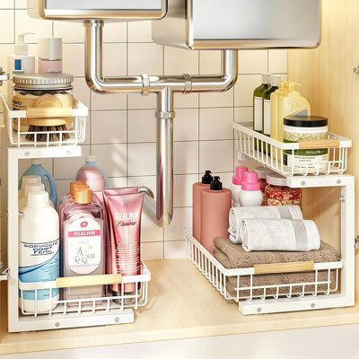Ensemble de 2 organisateurs réglables sous l'évier, 2 tiroirs de rangement coulissants pour armoire, organisateur en métal robuste en L pour salle de bain, blanc