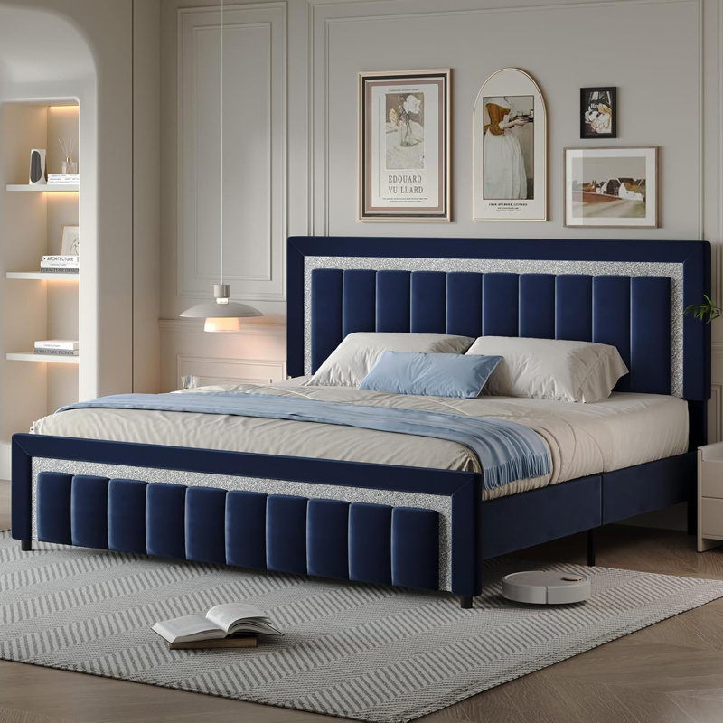 Velvet Upholstered Platform Bed Frame with Vertical stripes Headboard and Footboard and Footboard, Blue, King