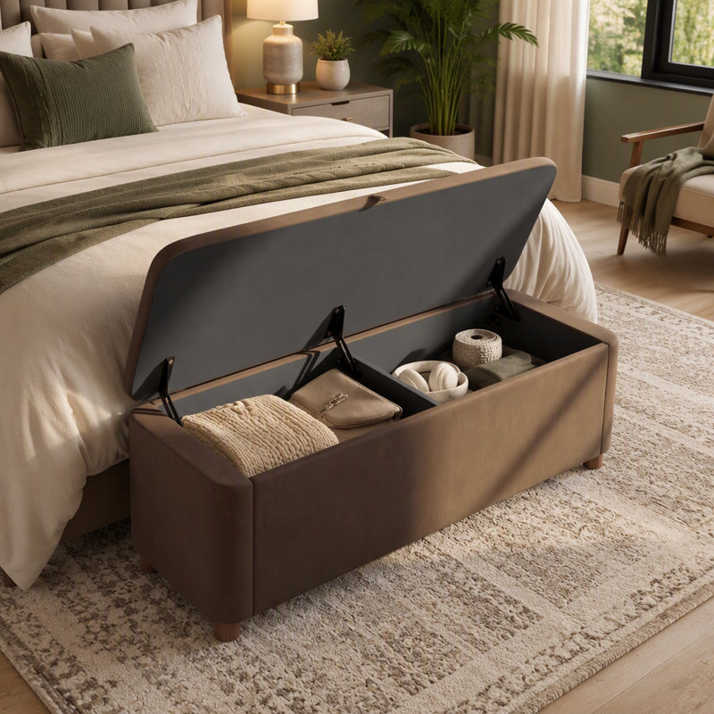 Banquette 59 po en velours avec repose-pieds, Marron foncé