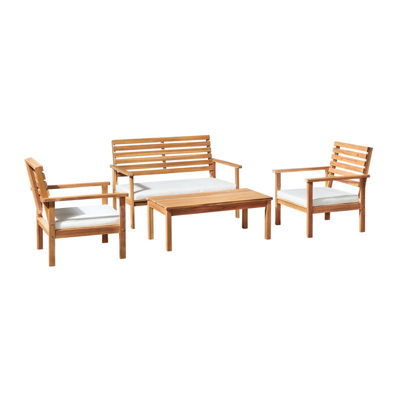 Ensemble de conversation d'extérieur en bois d'acacia avec banc et deux chaises avec coussins et table de cocktail, ensemble de 4