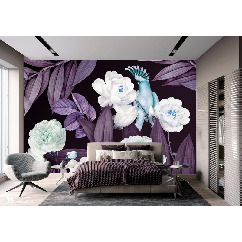 Papier peint exotique fleurs nuit jardin oiseau tropical, L 72,96 po x l 81 po, Mauve