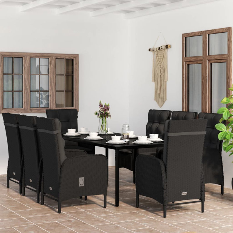 Pattaya Patio Dining Set with Rectangular Table , Cushions Included, Black, 29.1" H x 78.7" L x 39.4" W, 8