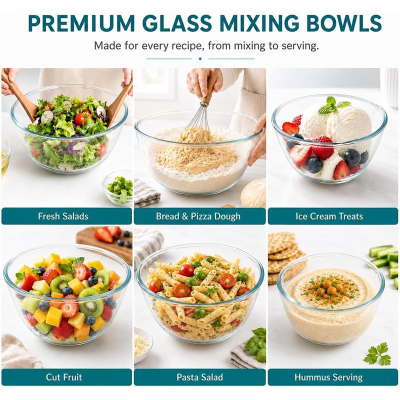 Large Glass Mixing Bowls with Lids for Baking Cooking and Food Prep