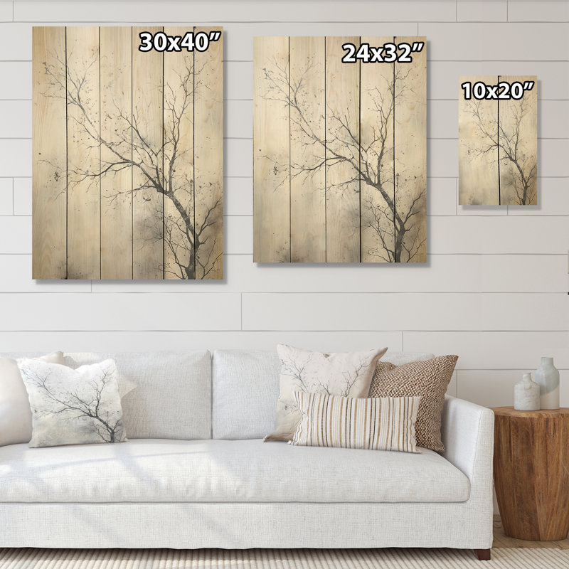 Minimalisme, oiseaux monochromes sur une branche, art mural panneau d'arbres sur bois de pin naturel, H 20 po x l 10 po