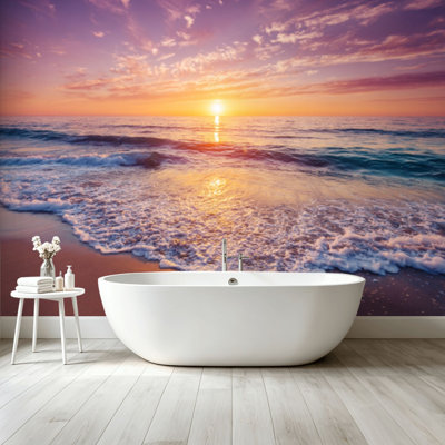 Peel and Stick Wallpaper Wall Mural Serene Sunset Ocean Waves Pink Purple Sky Wall Art Self Adhesive and Removable