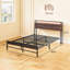 Grand lit plateforme, tête de lit avec lumières à DEL et rangement pratique pour la station de charge, 3 tablettes, assemblage facile en acier, tête de lit en noyer, fonctionnalité du cadre, construction, à construire,