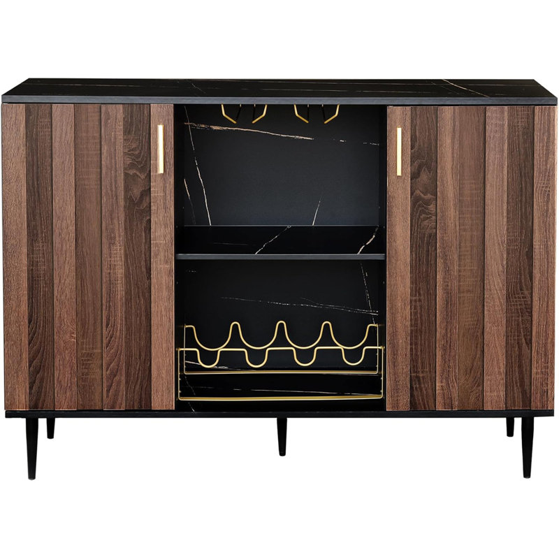 Armoires de bar modernes GIA avec porte à panneau cannelée en noyer et support à vin pour le salon et la salle à manger