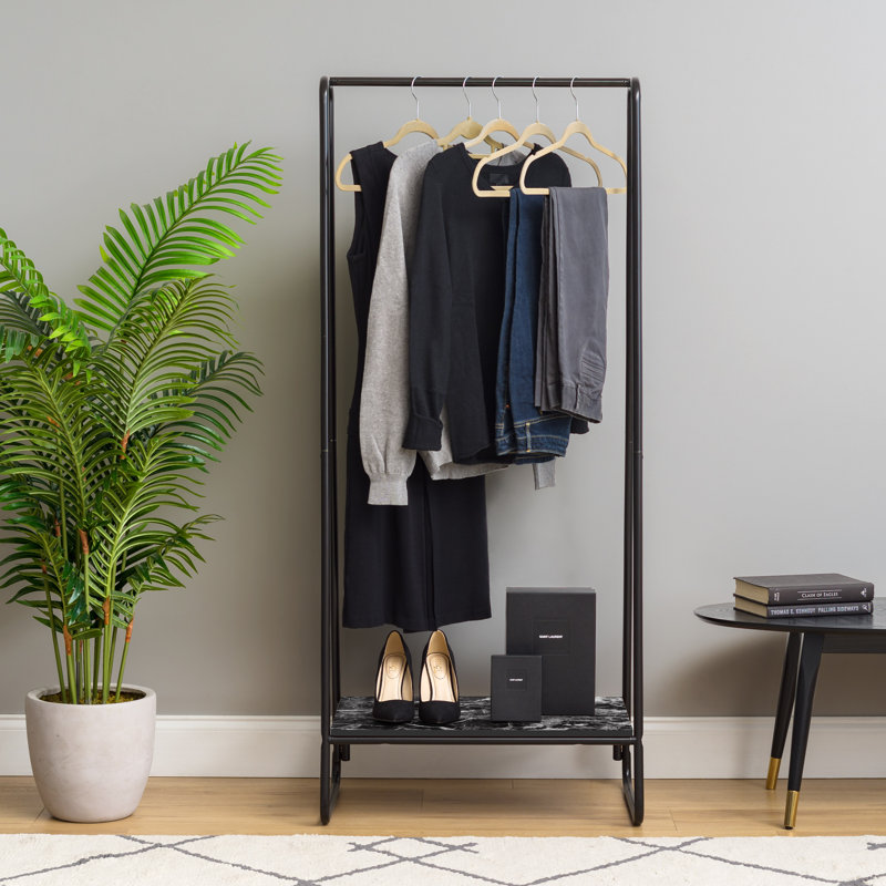 Black Steel Garment Rack with Marble Wood Shelf