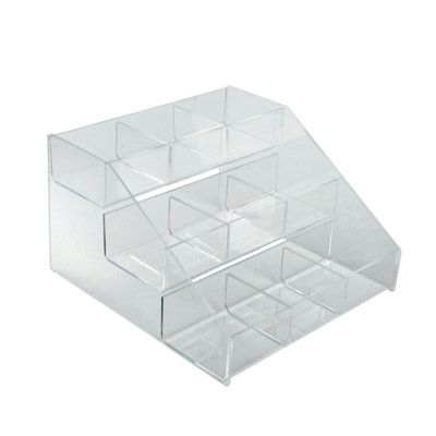 Three-Tier Shelf, 9 Compartment Counter Step Display, 12" wide