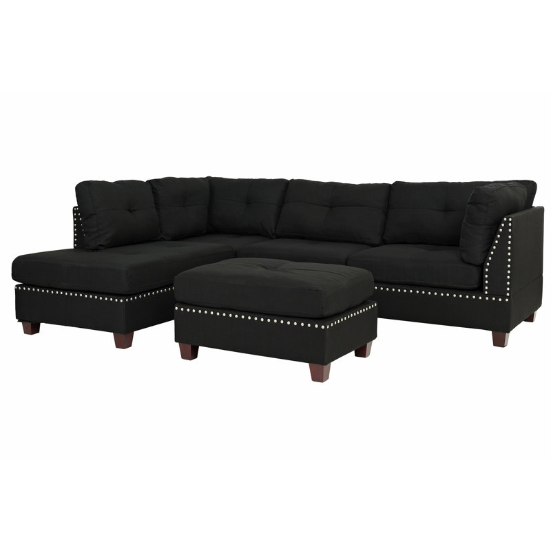 Canapé et méridienne réversible avec repose-pieds Ridwan, L 104 po x P 75 po, Lin noir