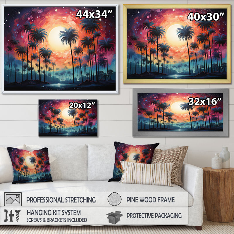 Palmiers sur un coucher de soleil coloré II, reproduction sur toile, Toile tendue, H 12 po x l 20 po x P 1 po