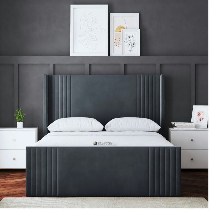Elara Winged Panel Bed with Headboard, Kingsize (5'), Beige