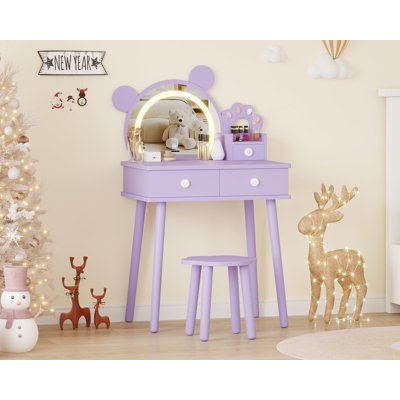 Kids Vanity Set with Bear Mirror & Flower Stool, MDF Children's Makeup Table with 3-Colour Touch LED Light, Storage Drawers Ages 3+ Bedroom Furniture