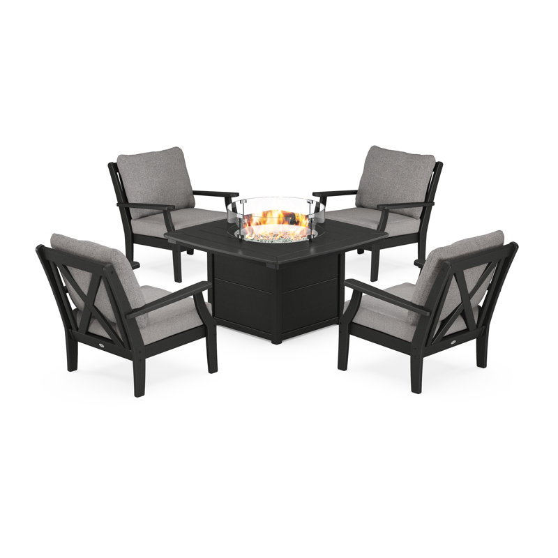 Braxton 5-Piece Deep Seating Conversation Set with Fire Pit Table, Black, Grey Revolution®