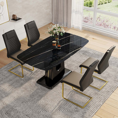 Table And Chair Set, Minimalist Dining Table, Imitation Marble Patterned Glass Tabletop, Mdf Legs With U-Shaped Brackets. Paired With Comfortable Chairs, Suitable For Dining And Living Rooms.