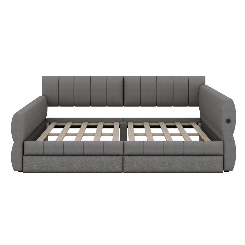 Queen Size Upholstered Platform Bed With USB And 2 Drawers, No Box Spring Needed, Easy To Assemble, Gray