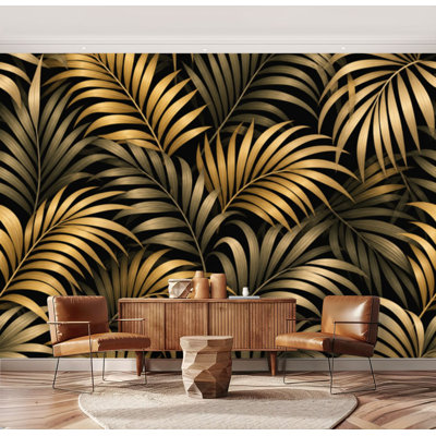 Papier peint adhésif autocollant Tropical exotique, brillant, brillant, feuilles de palmier doré, noir foncé, papier auto-adhésif amovible, décoration murale pour le salon Chambre H 69 po x l 96 po