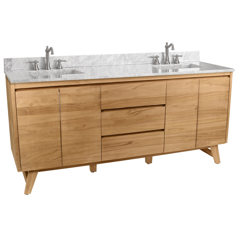 Coventry 72" Double Bathroom Vanity with Carrara Marble Top, Natural Teak