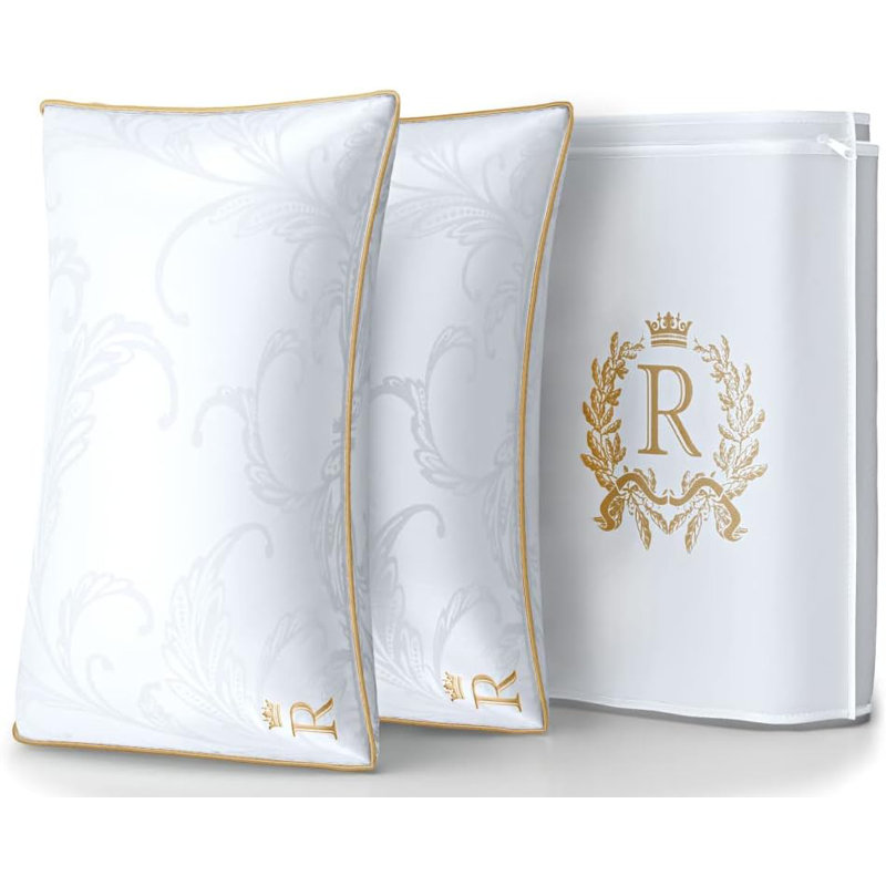 Pillows King Size Set Of 2 - Pillows, Side Sleeper Pillow - Adjustable Alternative Down Pillow, Bed Pillows, Sophisticated Design & Gold Piping