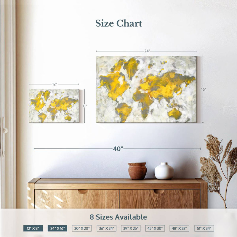 Carte du monde jaune-gris, H 16 po x l 24 po