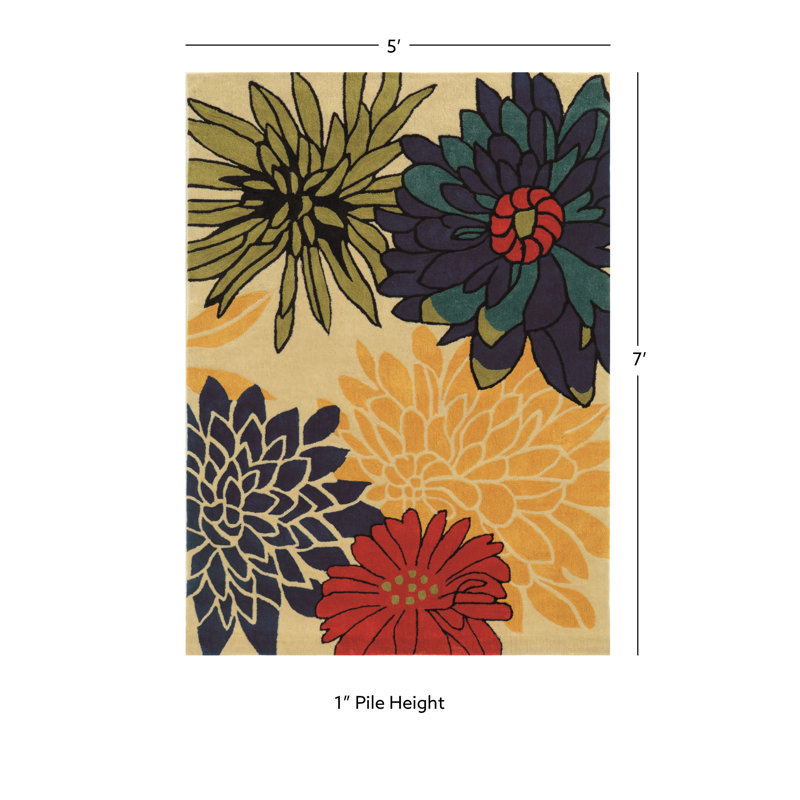 Tapis fait main Marisela ivoire et multicolore, Rectangle 5 pi x 7 pi