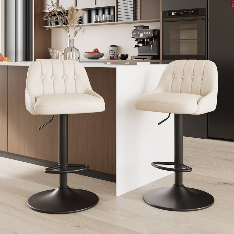 Tabourets de bar pivotants ajustables avec dossier en cuir PU capitonné, Beige, 2