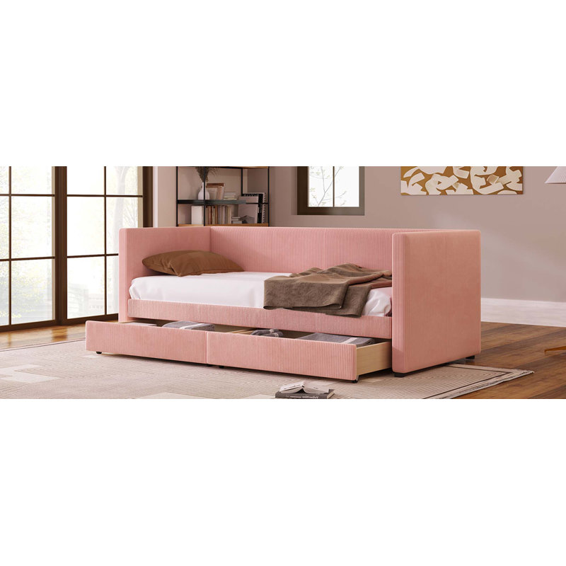 Twin Size Corduroy Daybed With Two Drawers And Wood Slat, Pink