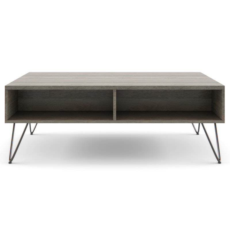 Hunter Solid Wood and Metal Industrial Small Lift Top Coffee Table with Hidden Storage, 2 Cubbies and Hairpin Legs