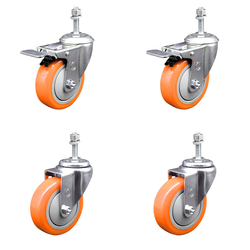4 Inch 316SS Polyurethane 3/8 Inch Threaded Stem Caster Set 2 Lock Brake