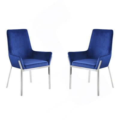 Set Of 2 Blue Velvet Upholstered Side Chairs In Mirrored Silver Finish