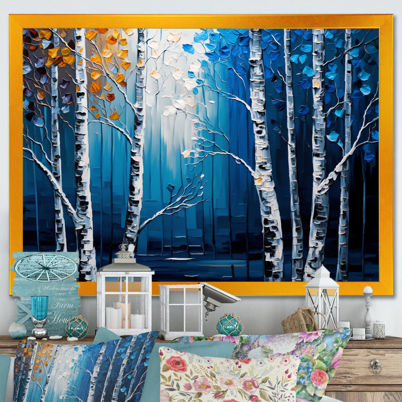 «Blue Birch Forest I», reproduction sur toile, Encadrement doré, H 16 po x l 32 po x P 1 po