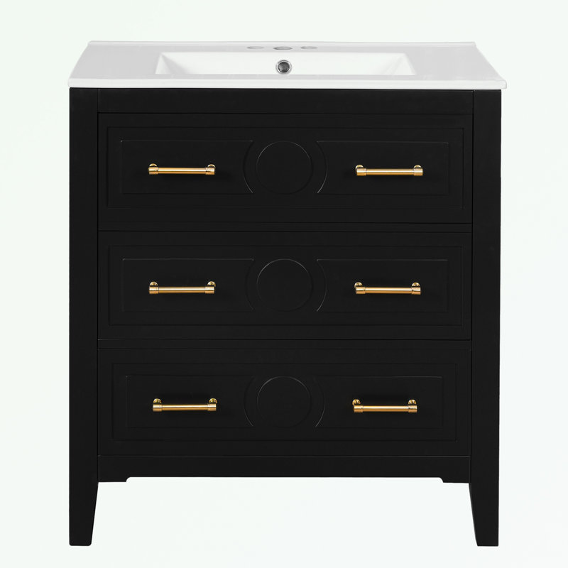 Ensemble de meuble-lavabo à structure en bois avec lavabo en céramique et 3 tiroirs, Noir