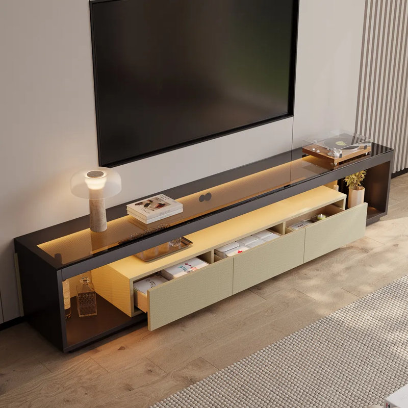 Console de télévision moderne à profil bas avec plateau en verre, H 18 po x L 94 po x l 16 po