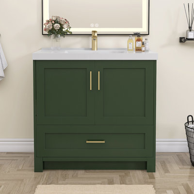 Armoire de salle de bain autoportante en bois massif l 36 po x P 21,5 po avec tiroir en queue d'aronde et porte à fermeture en douceur (assemblé)