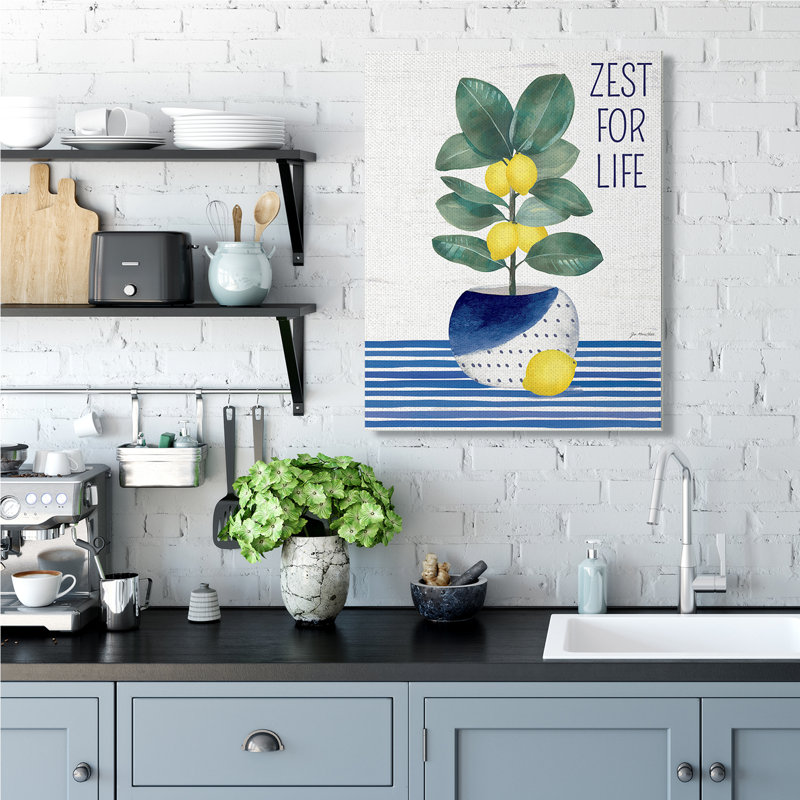 Zest for Life Lemon Plant Blue Stripes par Jennifer Pugh - impression, H 40 po x l 30 po, Toile tendue