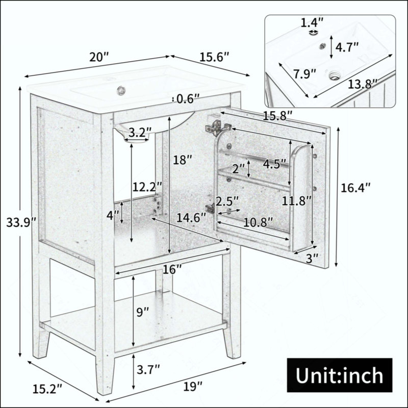 Meuble-lavabo avec lavabo, armoire de salle de bain avec porte à fermeture douce, support de rangement et tablette ouverte (robinet non inclus)