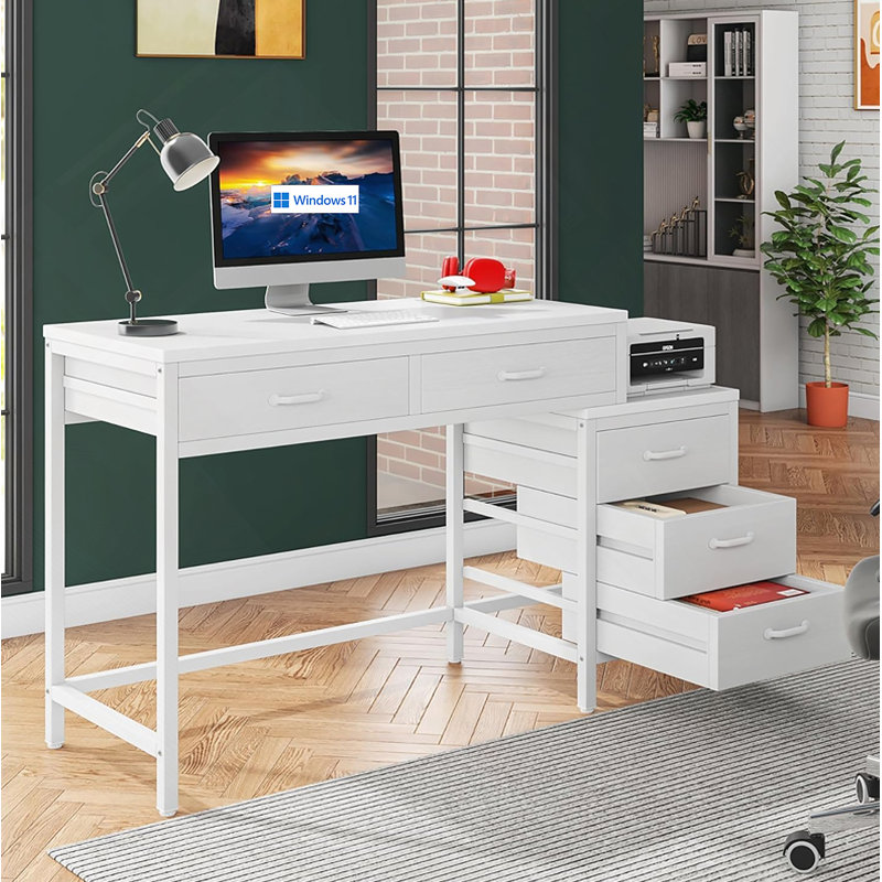 Bureau d'ordinateur réversible de 51 pouces avec 5 tiroirs et classeur, bureau à domicile rustique pour petits espaces, table d'écriture industrielle avec rangement