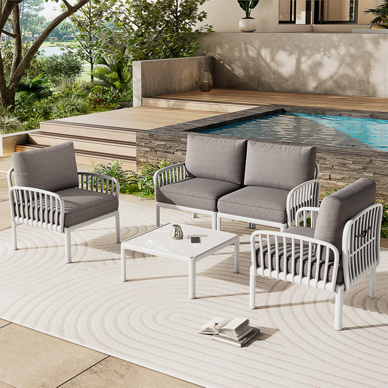 Ensemble de conversation pour patio 5 pièces, 4 pièces: table, causeuse, 2 chaises, Gris clair, Blanc