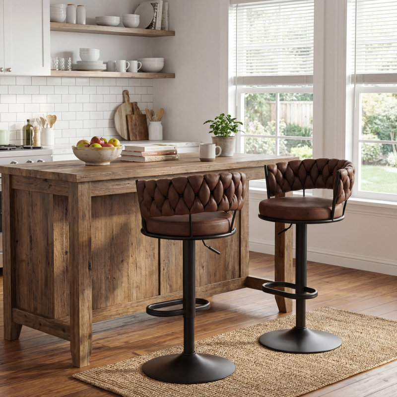 Modern Woven Dark Brown Suede Fabric Tufted Back Swivel Bar Stools With Adjustable Height Black Metal Base And Footrest Stylish Stools For Kitchen Counter Breakfast Bar Or Home Bar, Set Of 2