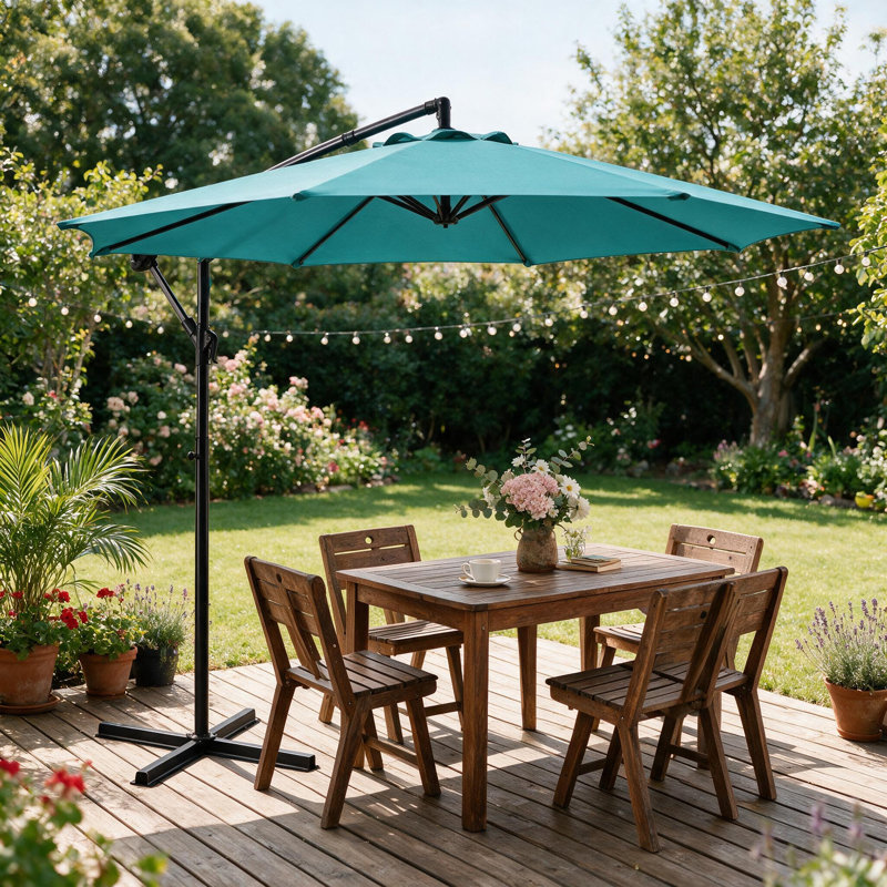 Parasol de patio extérieur 10 pi avec base, manivelle, réglage de l'inclinaison et cadre en acier thermolaqué, Bleu turquoise