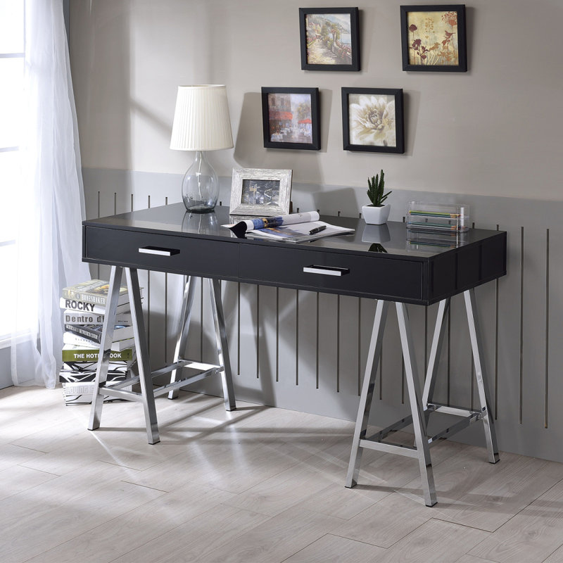 Bureau d'écriture à 2 tiroirs avec base en métal et chrome