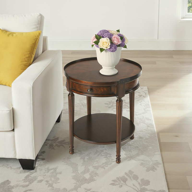 Aleix 22 in. W Round Wood 1 Drawer Side Table, Plantation Cherry, Plantation Cherry