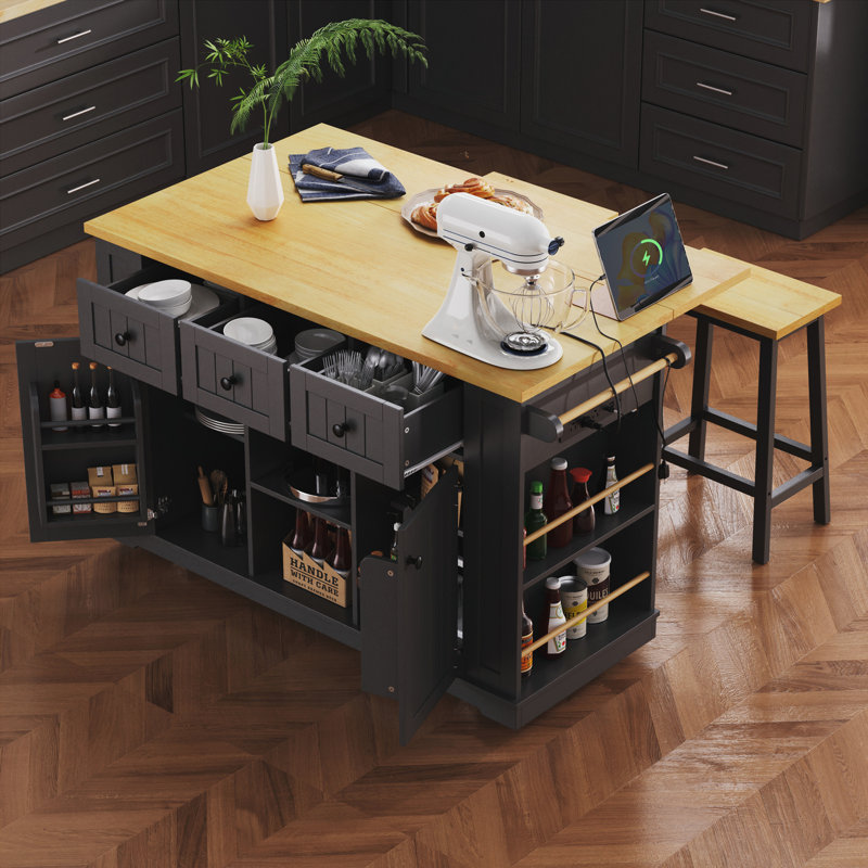 53inch Large Kitchen Island with Drop Leaf,Power Outlet,Door Internal Storage Rack,Rolling Kitchen Cart on 5 Wheels with 5 Open Side Racks for Kitchen,Black(Two Packages)(Stools not included)