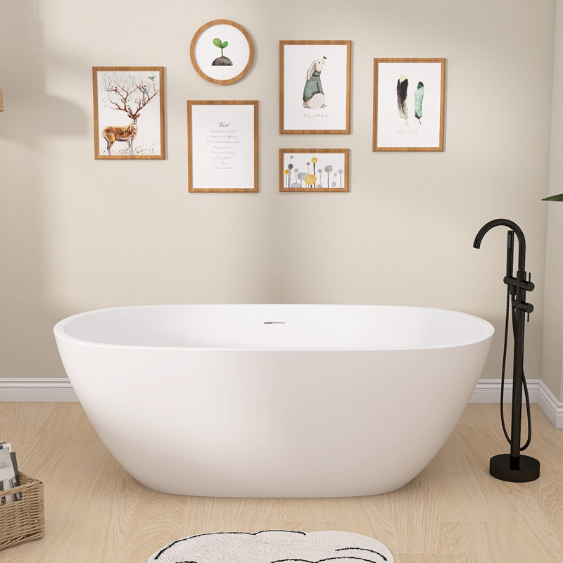 65 Inch Freestanding Soaking Acrylic Bathtub with Integrated Slotted Overflow and Chrome Anti-clogging Drain, Matte White