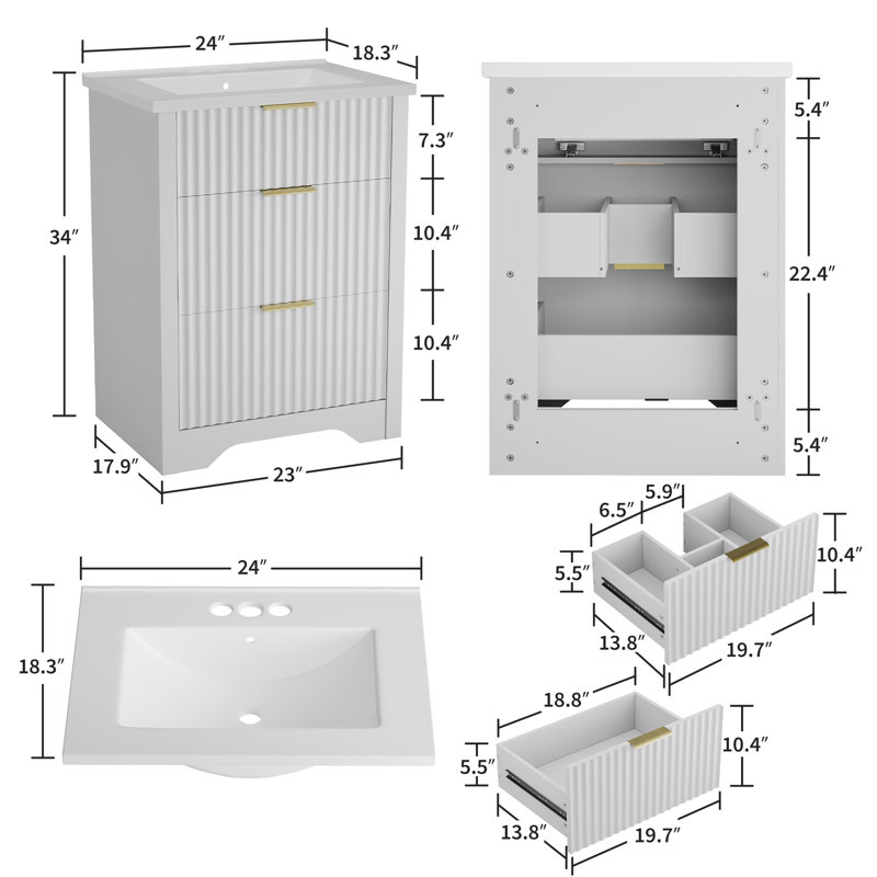 24" Modern Farmhouse Bathroom Vanity with Ceramic Sink, Freestanding Vanity Cabinet with 2 Drawers & 1 Flip-Down Drawer, Fluted Bathroom Storage Combo Set, White