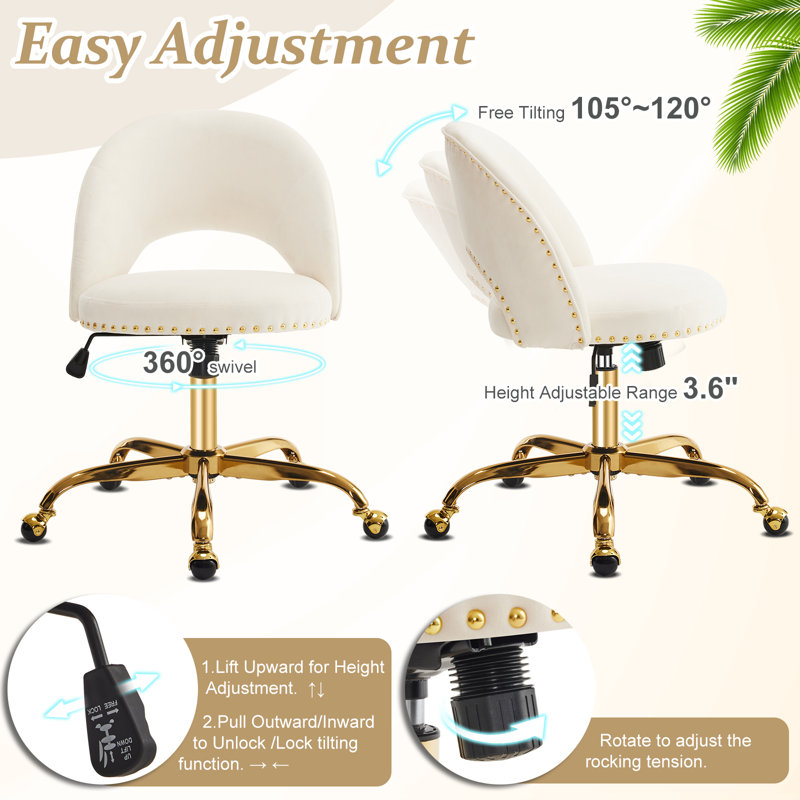 Task Chair Office Desk Chair Make Up Chair With Wheels, Velvet, White