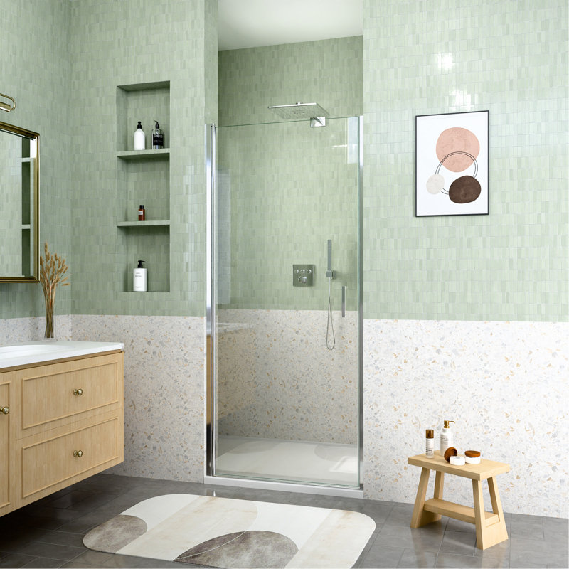 Porte de douche pivotante semi-encadrée 86 cm (L) x 183 cm (H), verre trempé SGCC 6 mm, Chrome chrome