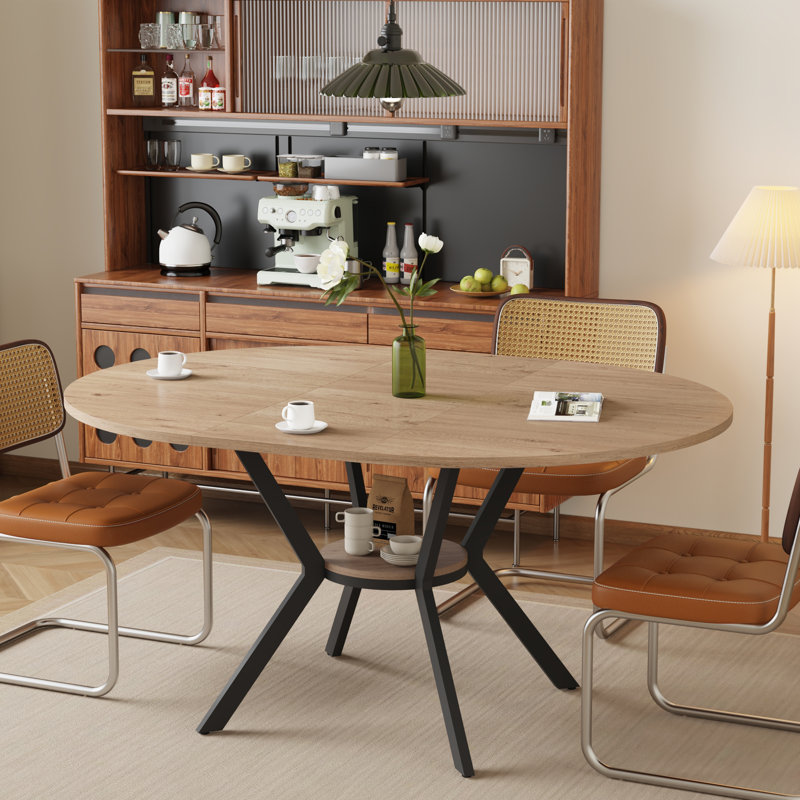 42.5-58.2 Inch Nordic Light Oak Extendable( with Rotating Extension Leaves) Round Dining Table With Storage Shelf For 4-6 People