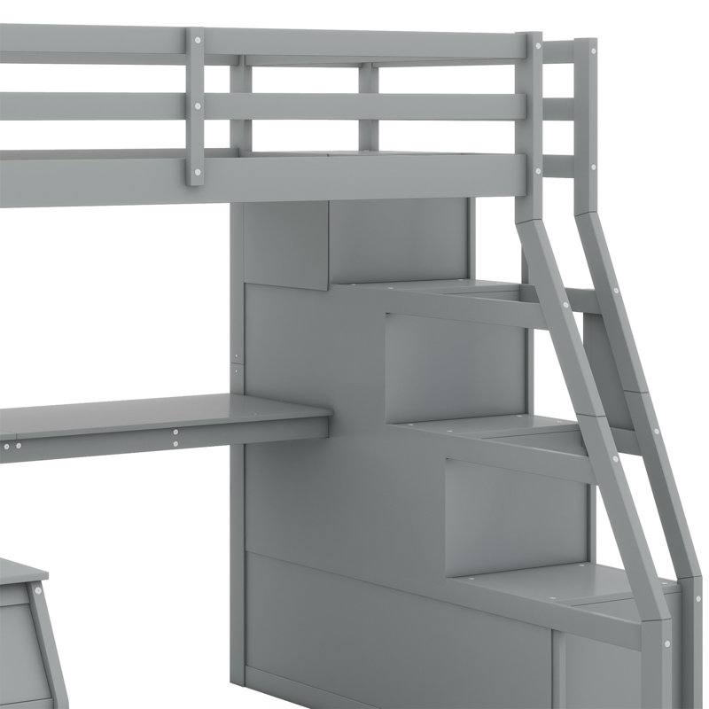 Lit mezzanine avec 7 tiroirs, 2 tablettes et un bureau, gris