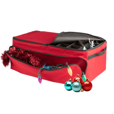 Boîte de rangement pour ornements de Noël - Boîte de rangement pour ornements de Noël avec 3 plateaux, grilles réglables et grande poche à fermeture à glissière à l'avant - Peut contenir jusqu'à 72 ampoules et décorations par Elf Stor (rouge)